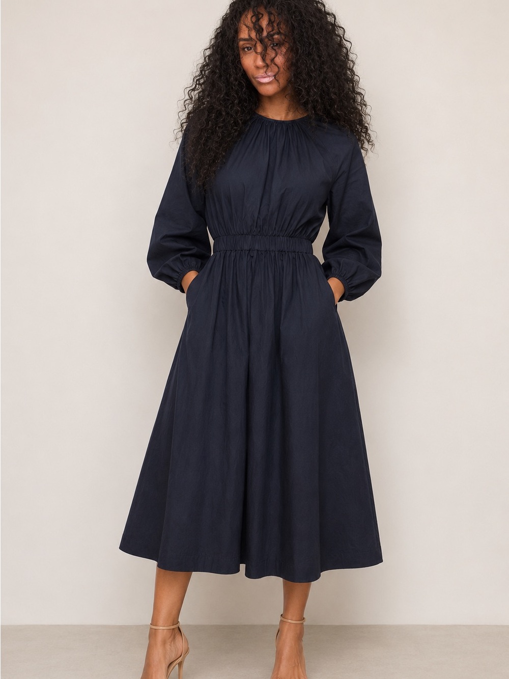 Zara Poplin Cotton Puff Sleeve Black Midi Dress - Picture 1 of 7